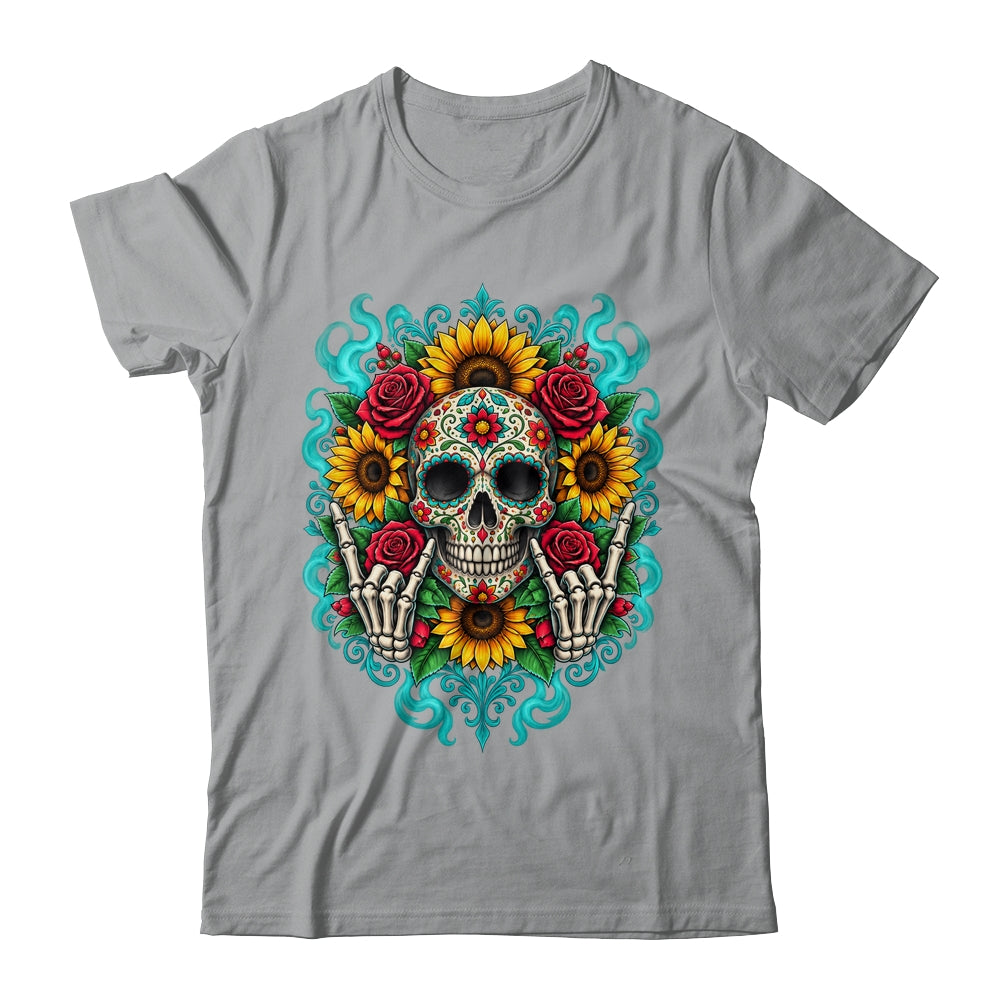 Skull Flowers On Rocker Sunflower Sugar Skull Rock Halloween Shirt & Hoodie | siriusteestore