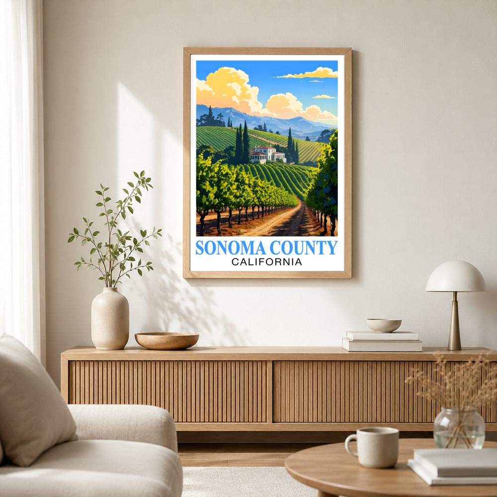 Sonoma County California Travel Poster Retro Vineyard Landscape Wall Art Print For Wine Lovers And Napa Valley Inspired Home Decor Living Room Office Bedroom Unframed | siriusteestore