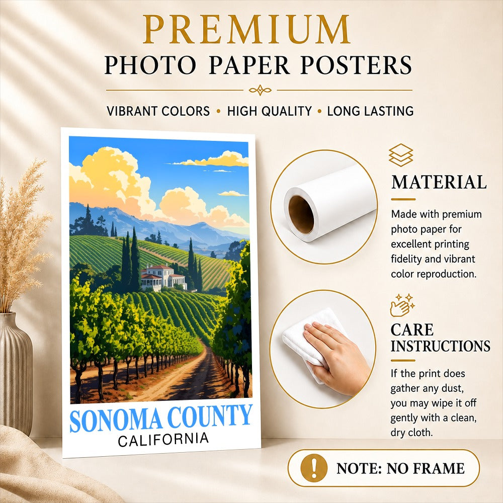Sonoma County California Travel Poster Retro Vineyard Landscape Wall Art Print For Wine Lovers And Napa Valley Inspired Home Decor Living Room Office Bedroom Unframed | siriusteestore