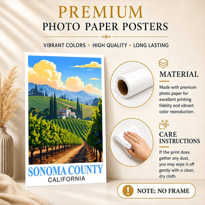 Sonoma County California Travel Poster Retro Vineyard Landscape Wall Art Print For Wine Lovers And Napa Valley Inspired Home Decor Living Room Office Bedroom Unframed | siriusteestore