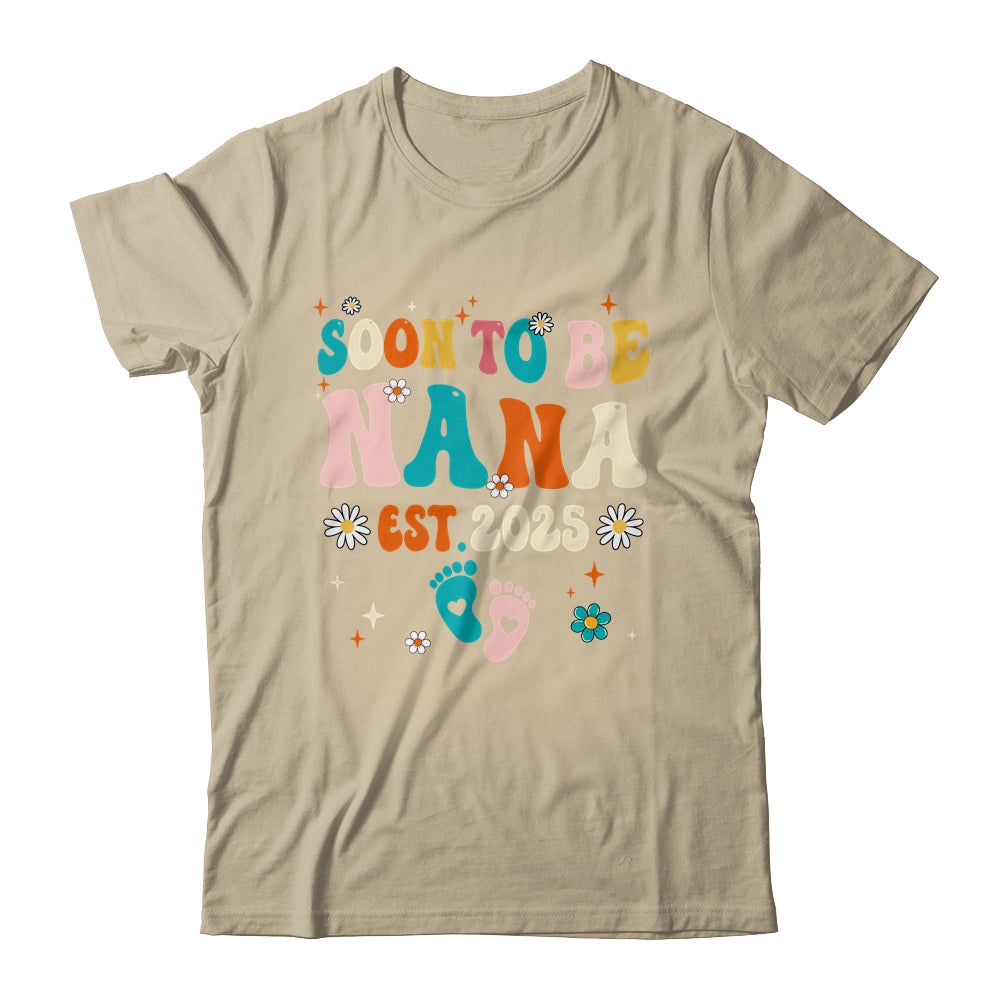 Soon To Be Nana Est 2025 Pregnancy Announcement Groovy Shirt & Tank Top | siriusteestore