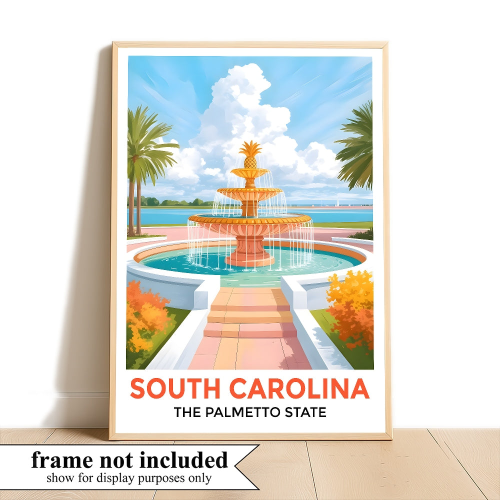 South Carolina Print Travel Poster Fountain Palmetto State Souvenir Wall Art Landscape Painting Picture Ideal For Home Living Room Office Bedroom Decor Unframed | siriusteestore