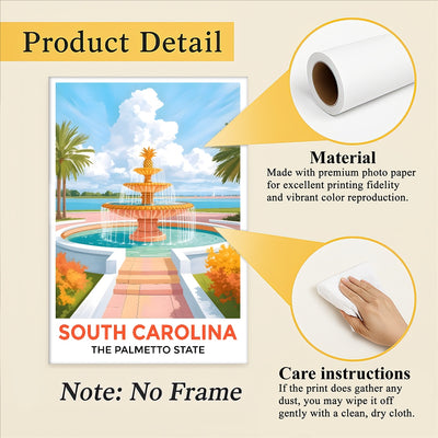 South Carolina Print Travel Poster Fountain Palmetto State Souvenir Wall Art Landscape Painting Picture Ideal For Home Living Room Office Bedroom Decor Unframed | siriusteestore