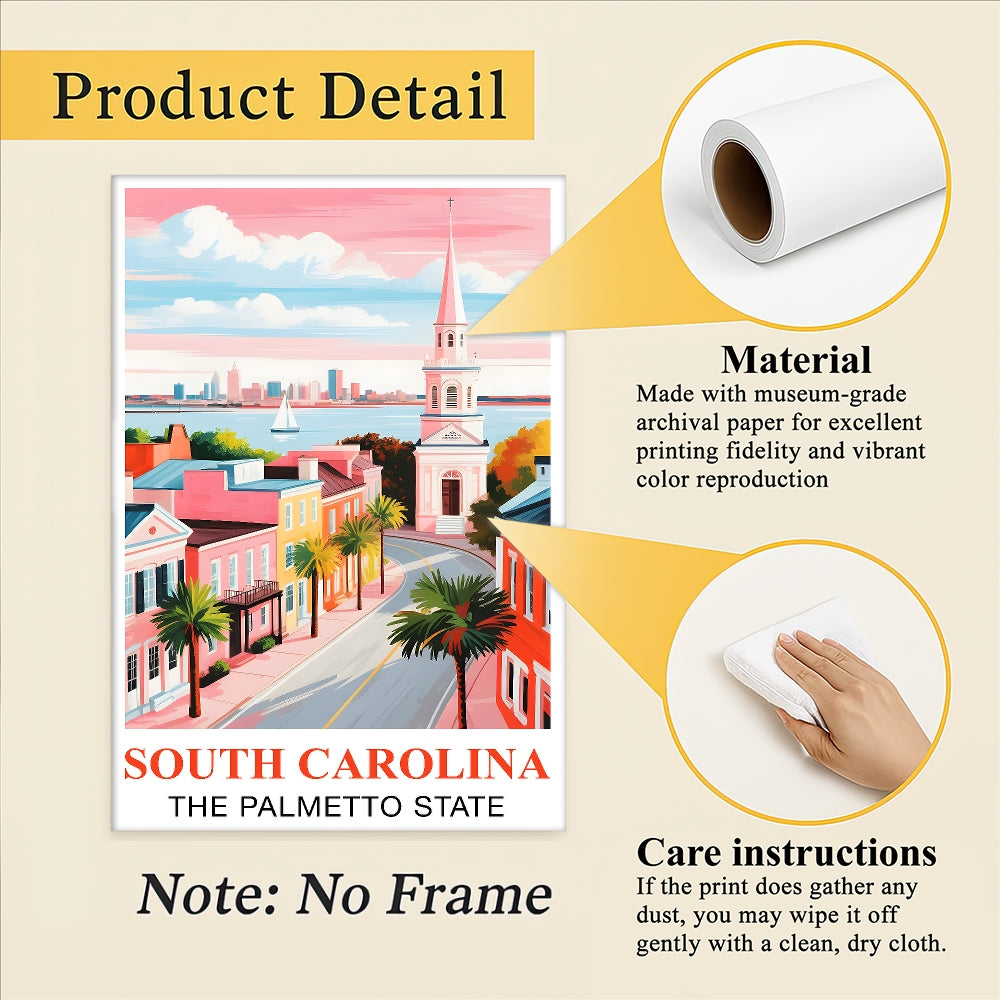 South Carolina Print Travel Poster The Palmetto State Souvenir Wall Art Landscape Painting Picture Suitable For Home Room Living Room Office Bedroom Decor Unframed | siriusteestore