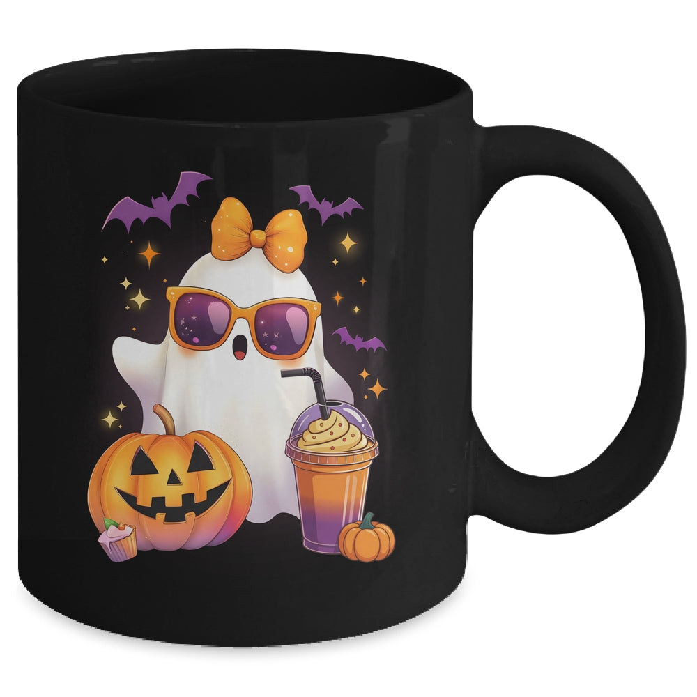 Spooky Cute Ghost Drinking Pumpkin Iced Coffee Halloween Bow Mug | siriusteestore