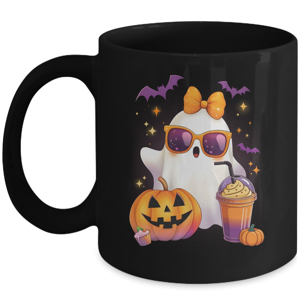 Spooky Cute Ghost Drinking Pumpkin Iced Coffee Halloween Bow Mug | siriusteestore