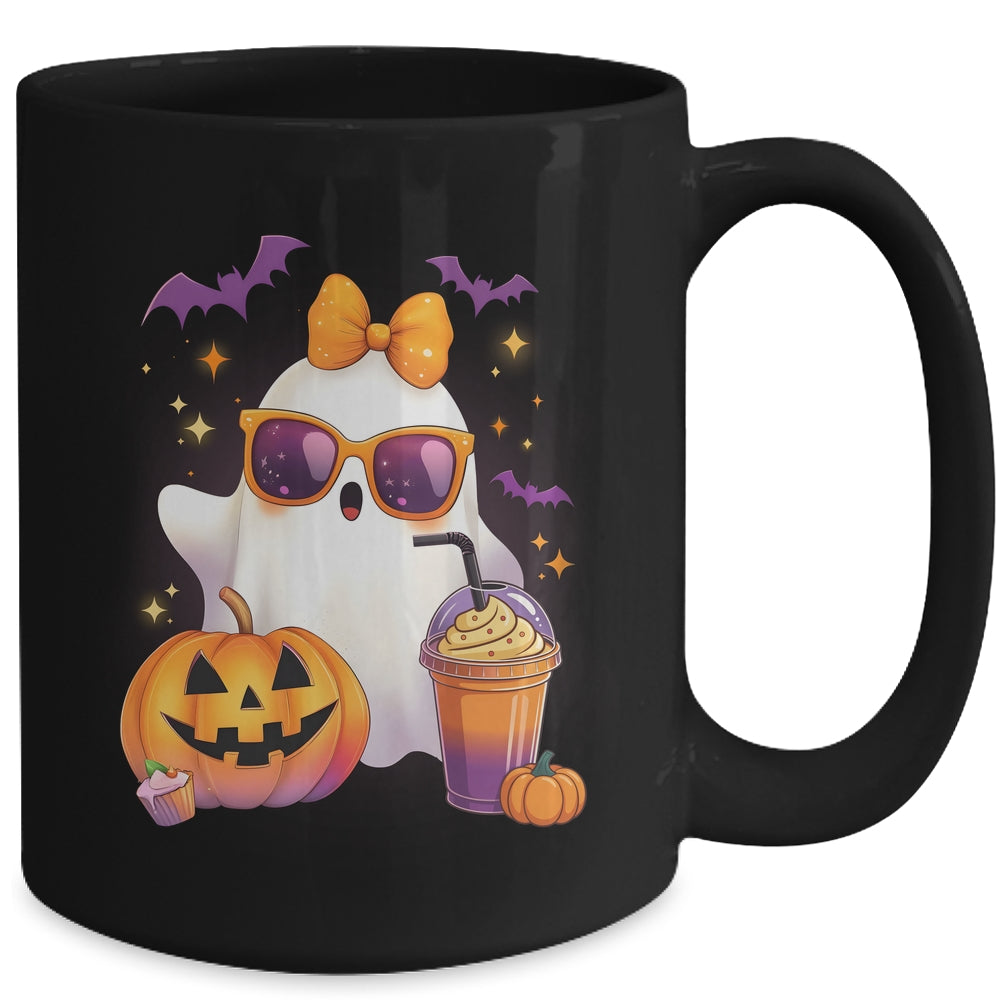 Spooky Cute Ghost Drinking Pumpkin Iced Coffee Halloween Bow Mug | siriusteestore