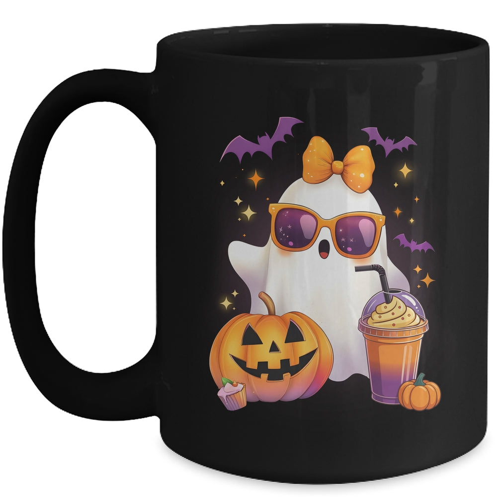 Spooky Cute Ghost Drinking Pumpkin Iced Coffee Halloween Bow Mug | siriusteestore