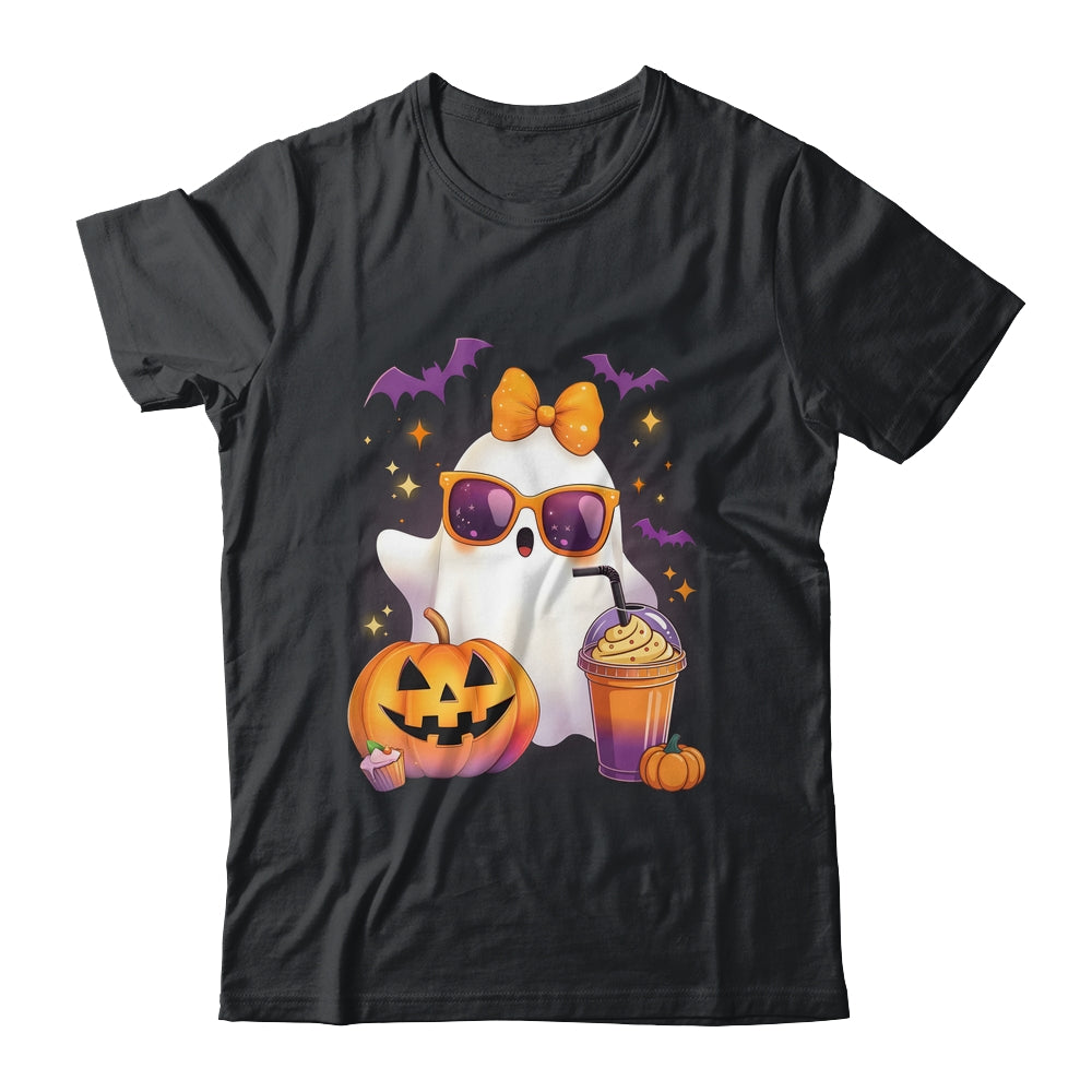 Spooky Cute Ghost Drinking Pumpkin Iced Coffee Halloween Bow Shirt & Sweatshirt | siriusteestore