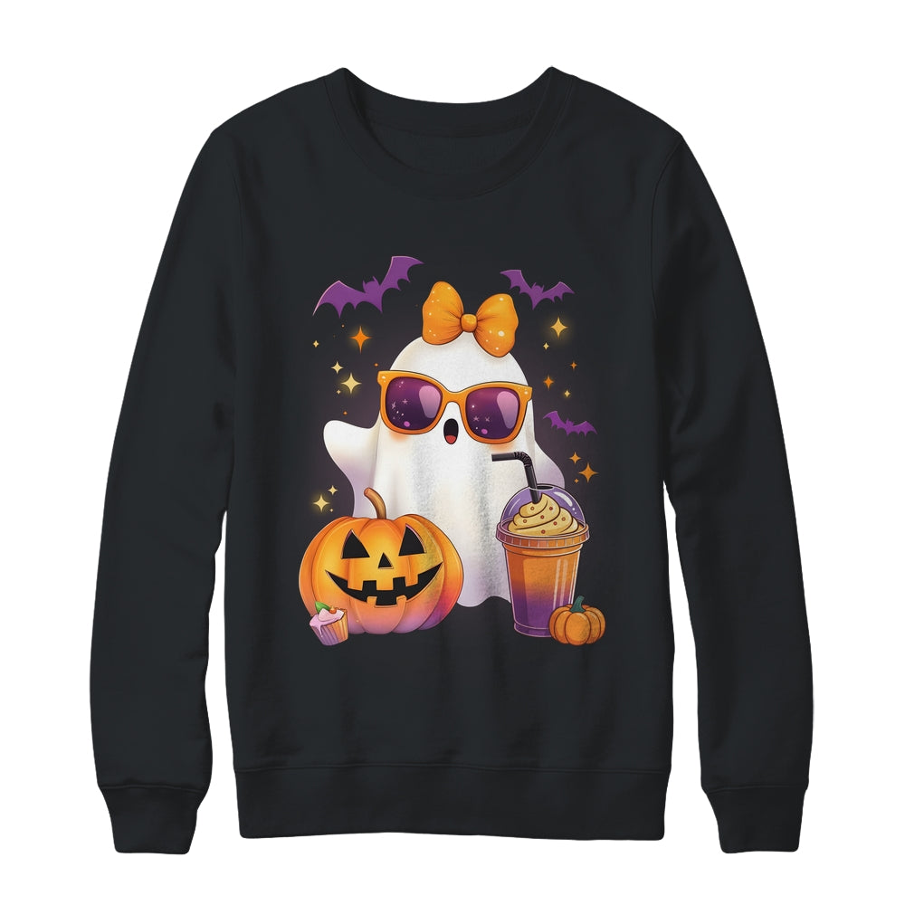 Spooky Cute Ghost Drinking Pumpkin Iced Coffee Halloween Bow Shirt & Sweatshirt | siriusteestore