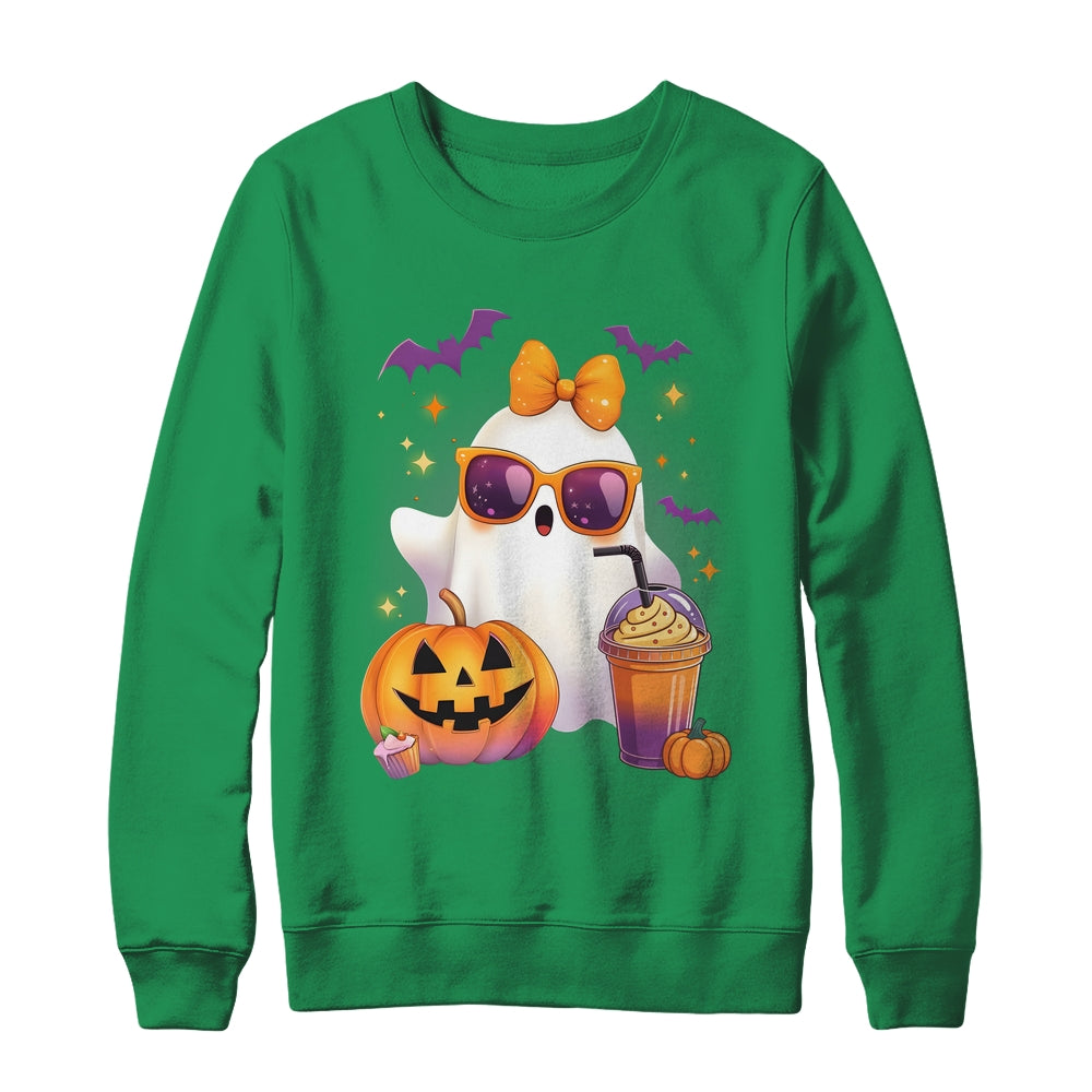 Spooky Cute Ghost Drinking Pumpkin Iced Coffee Halloween Bow Shirt & Sweatshirt | siriusteestore
