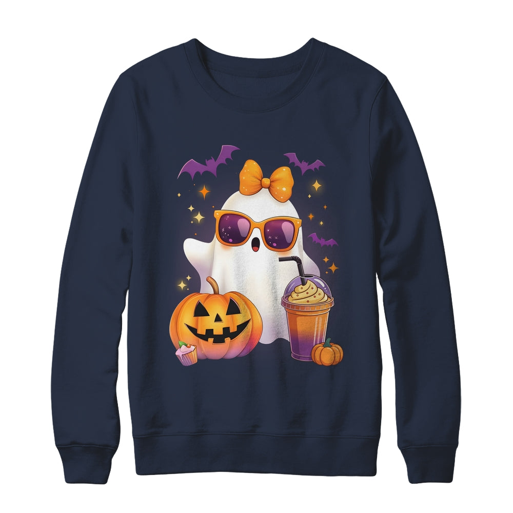 Spooky Cute Ghost Drinking Pumpkin Iced Coffee Halloween Bow Shirt & Sweatshirt | siriusteestore