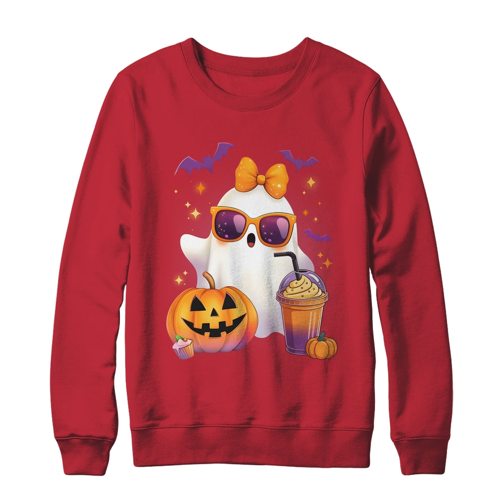 Spooky Cute Ghost Drinking Pumpkin Iced Coffee Halloween Bow Shirt & Sweatshirt | siriusteestore