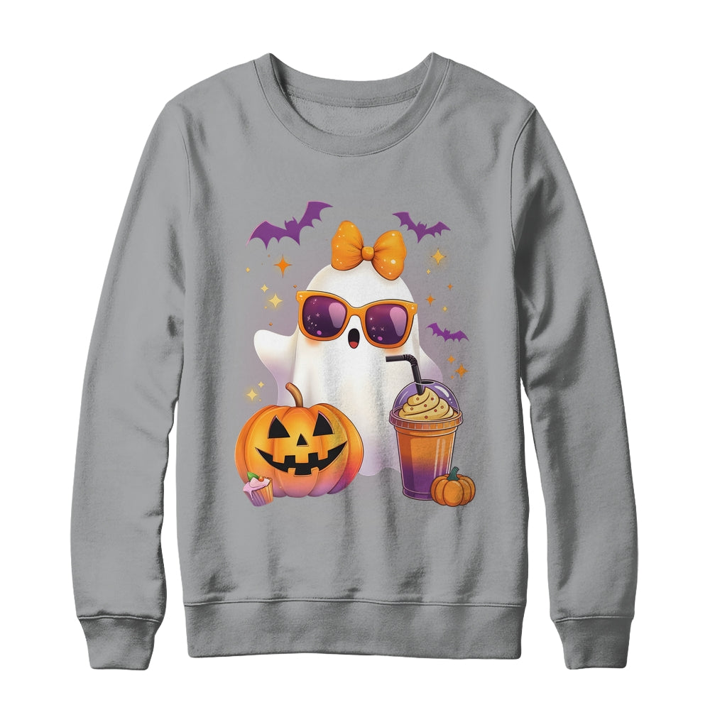 Spooky Cute Ghost Drinking Pumpkin Iced Coffee Halloween Bow Shirt & Sweatshirt | siriusteestore