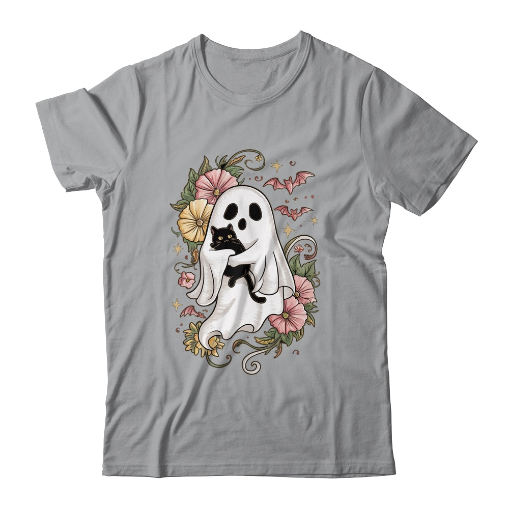 Spooky Ghost Holding Black Cat Groovy Floral Halloween Shirt & Hoodie | siriusteestore