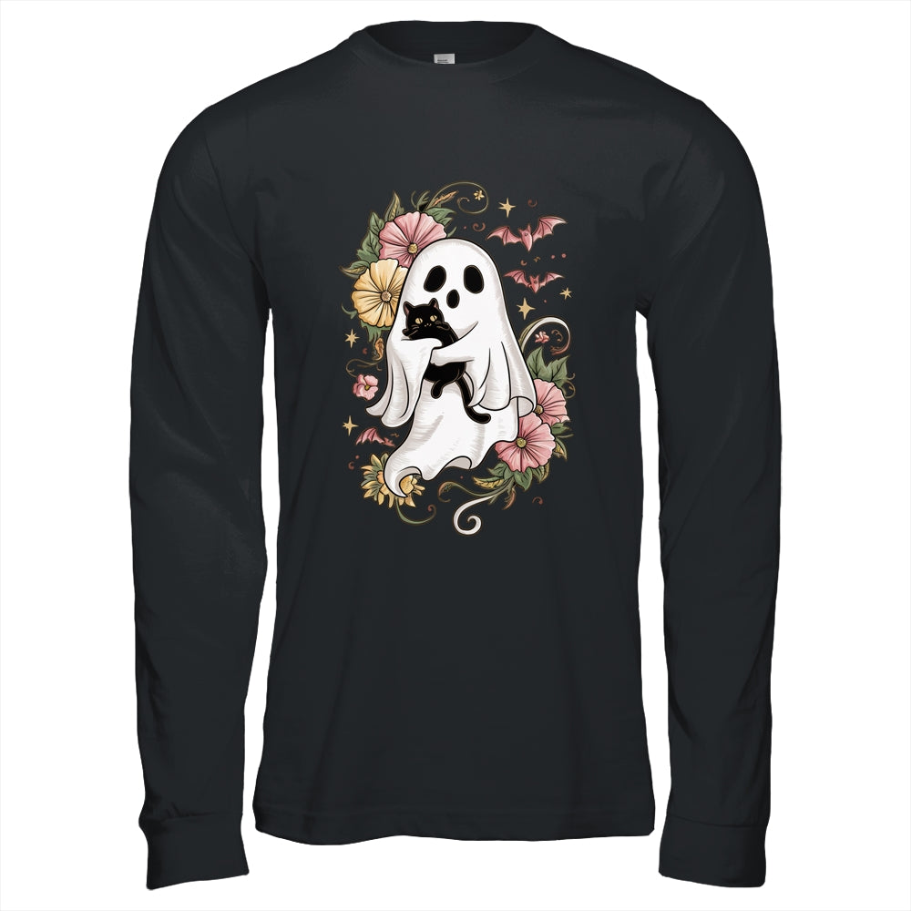 Spooky Ghost Holding Black Cat Groovy Floral Halloween Shirt & Hoodie | siriusteestore