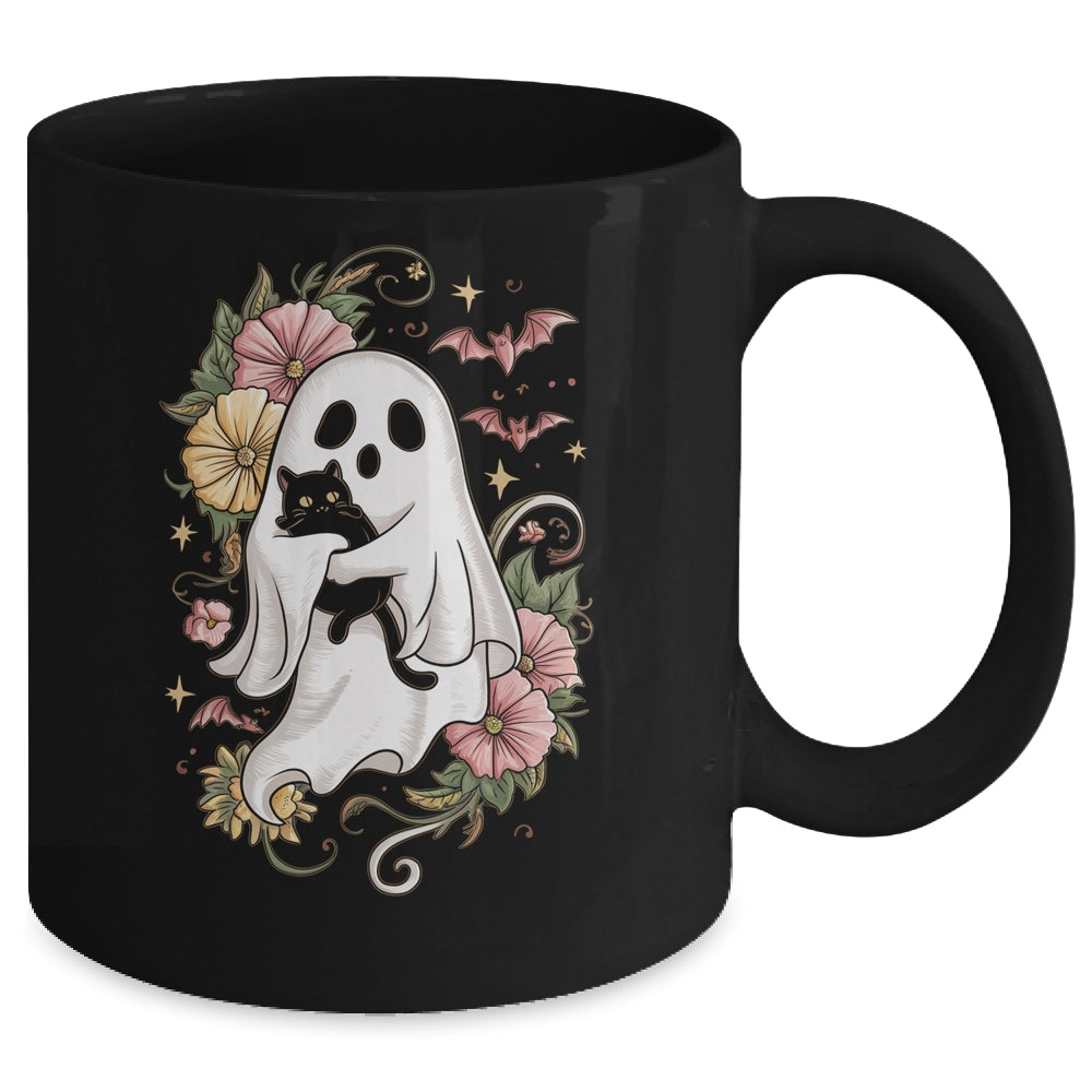 Spooky Ghost Holding Black Cat Groovy Floral Halloween Mug | siriusteestore