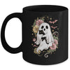 Spooky Ghost Holding Black Cat Groovy Floral Halloween Mug | siriusteestore