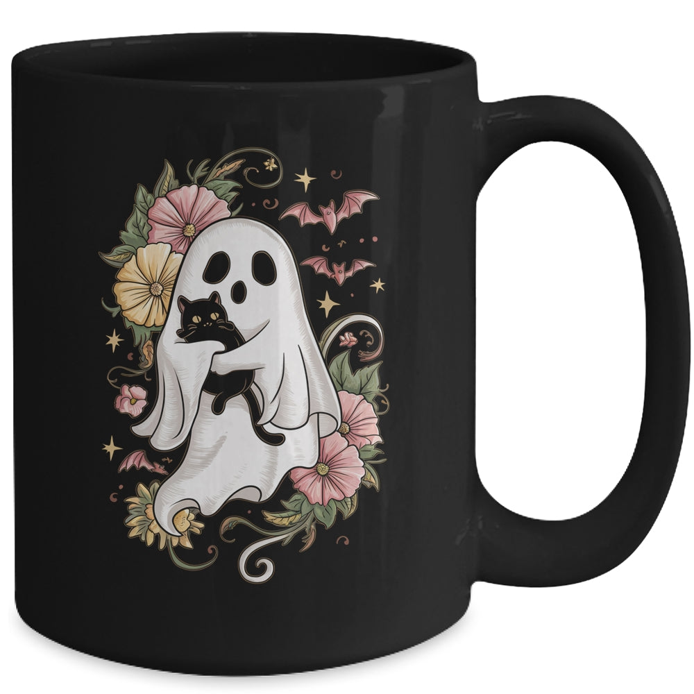 Spooky Ghost Holding Black Cat Groovy Floral Halloween Mug | siriusteestore