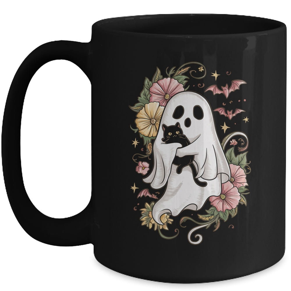 Spooky Ghost Holding Black Cat Groovy Floral Halloween Mug | siriusteestore