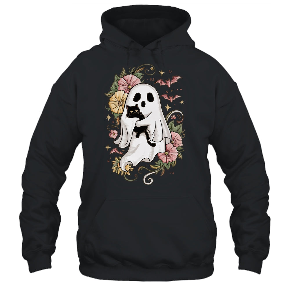 Spooky Ghost Holding Black Cat Groovy Floral Halloween Shirt & Hoodie | siriusteestore