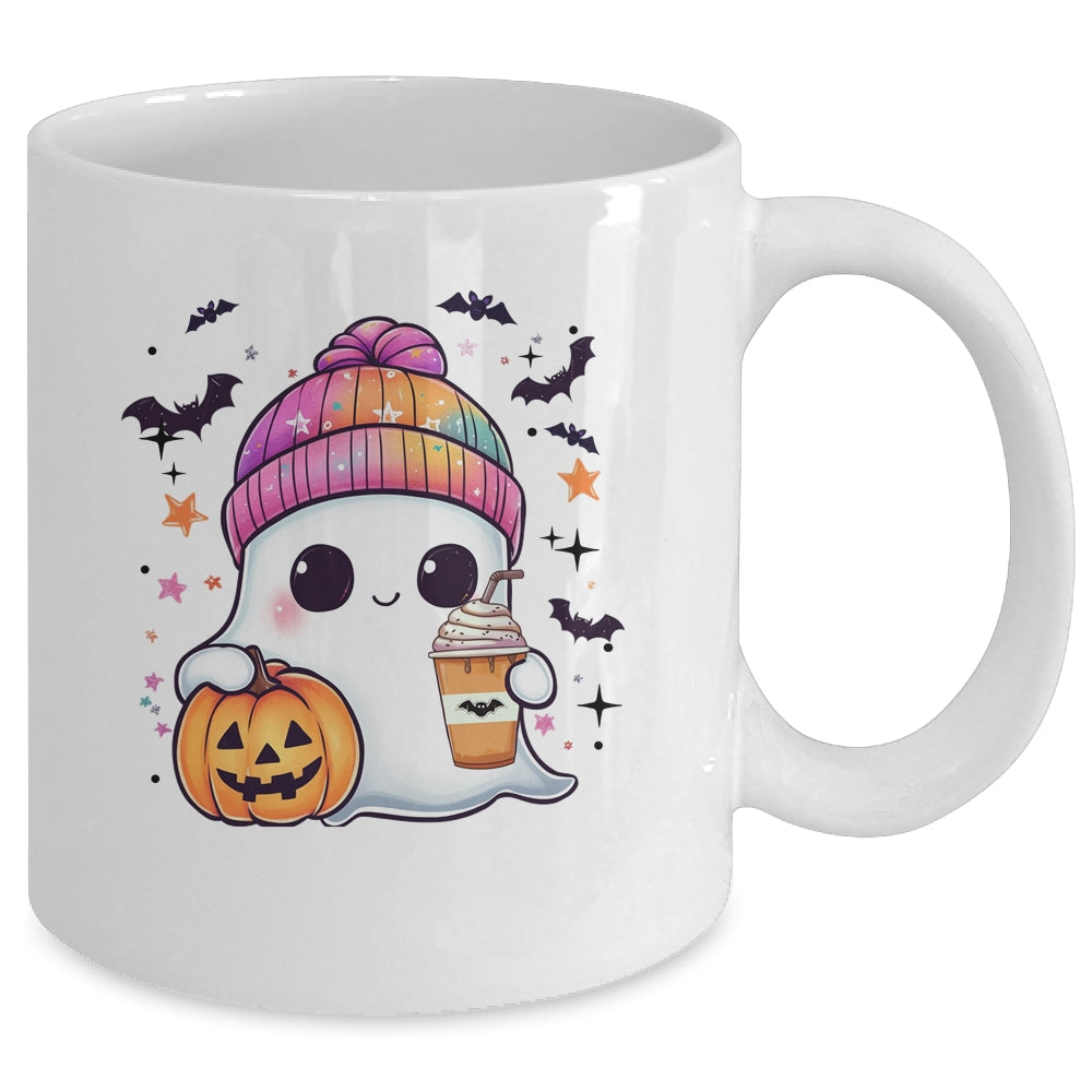 Spooky Season Cute Ghost Drinking Ice Coffee Halloween Womens Mug | siriusteestore