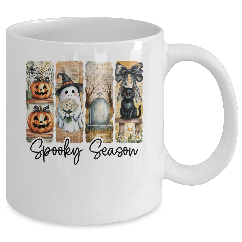 Spooky Season Vintage Halloween Ghost Cat Coquette Pumpkin Mug | siriusteestore