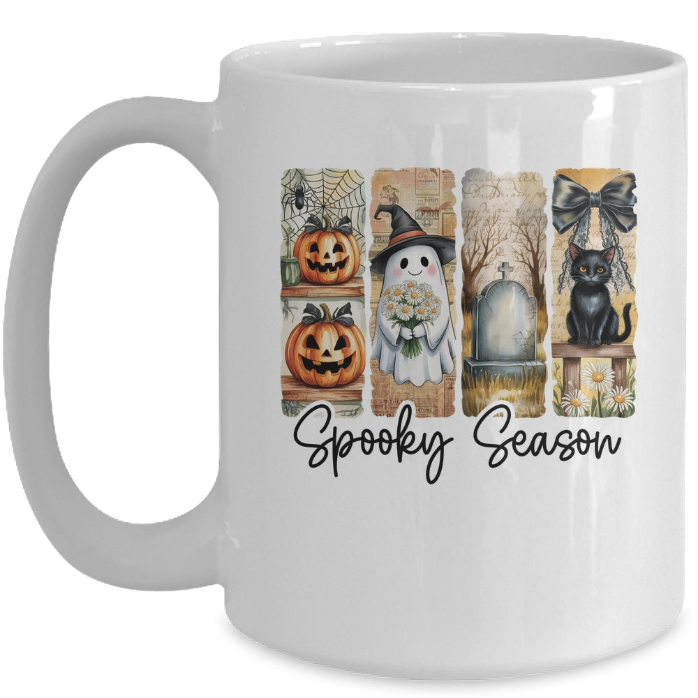Spooky Season Vintage Halloween Ghost Cat Coquette Pumpkin Mug | siriusteestore