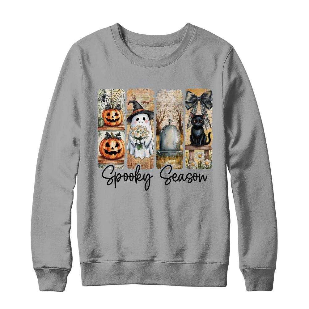 Spooky Season Vintage Halloween Ghost Cat Coquette Pumpkin Shirt & Sweatshirt | siriusteestore