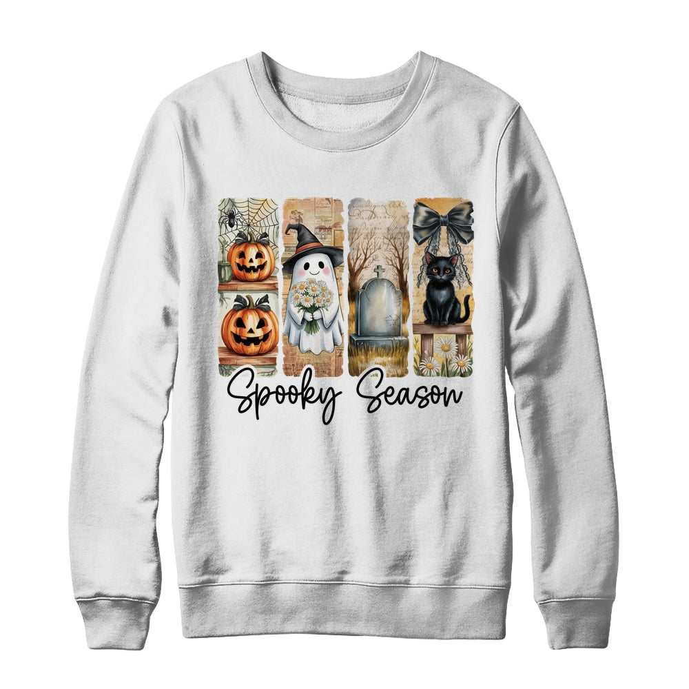 Spooky Season Vintage Halloween Ghost Cat Coquette Pumpkin Shirt & Sweatshirt | siriusteestore