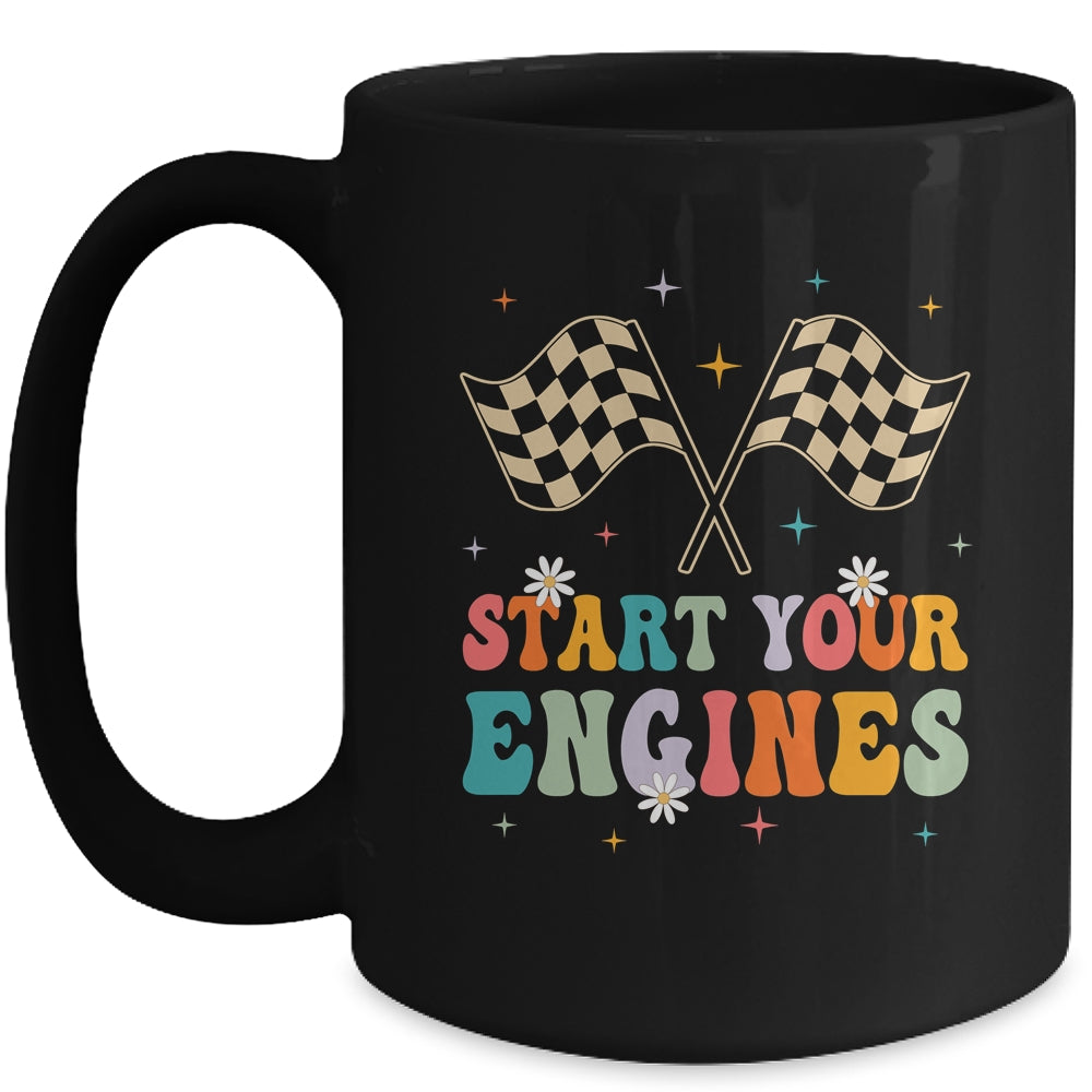 Start Your Engines Groovy Checkered Flag Retro Racing Race Mug | siriusteestore