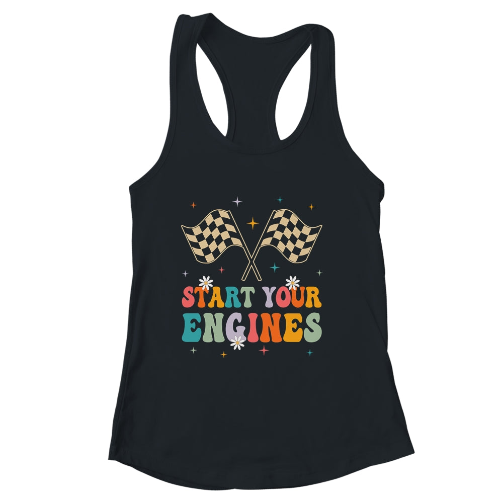 Start Your Engines Groovy Checkered Flag Retro Racing Race Shirt & Tank Top | siriusteestore