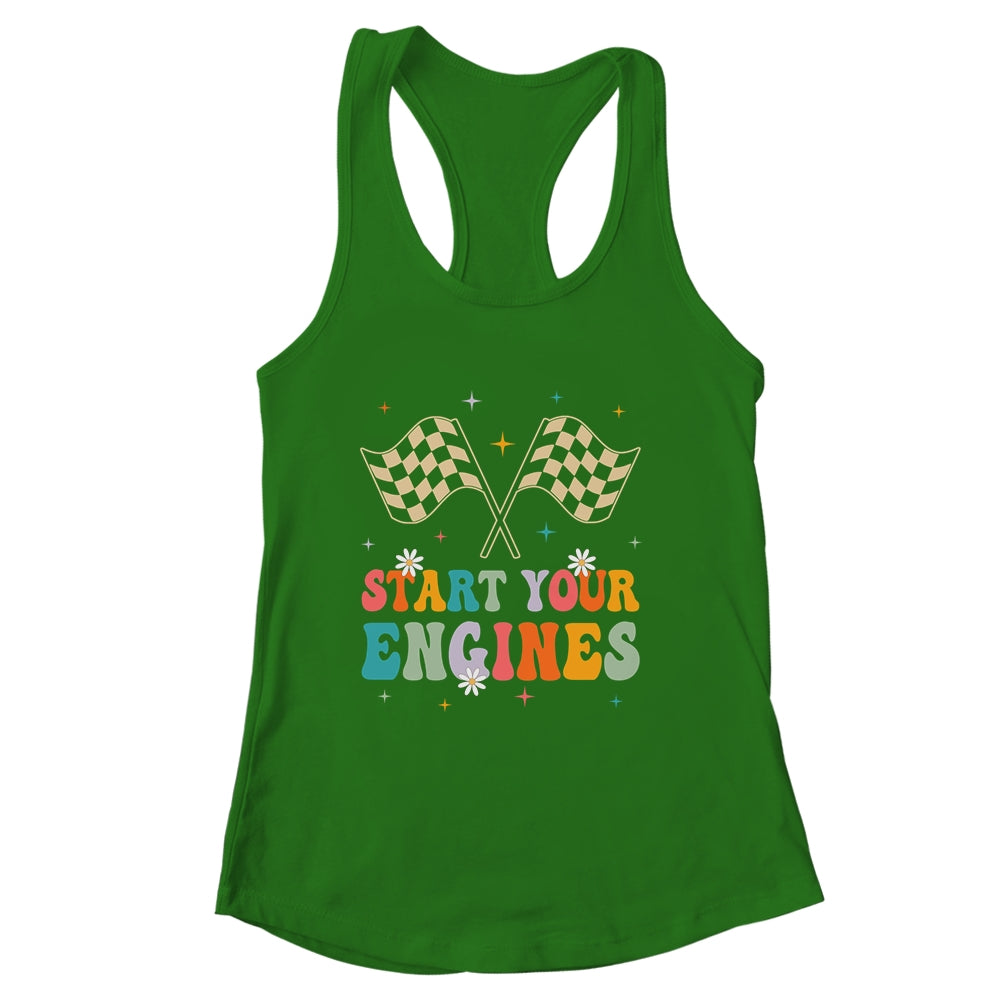Start Your Engines Groovy Checkered Flag Retro Racing Race Shirt & Tank Top | siriusteestore