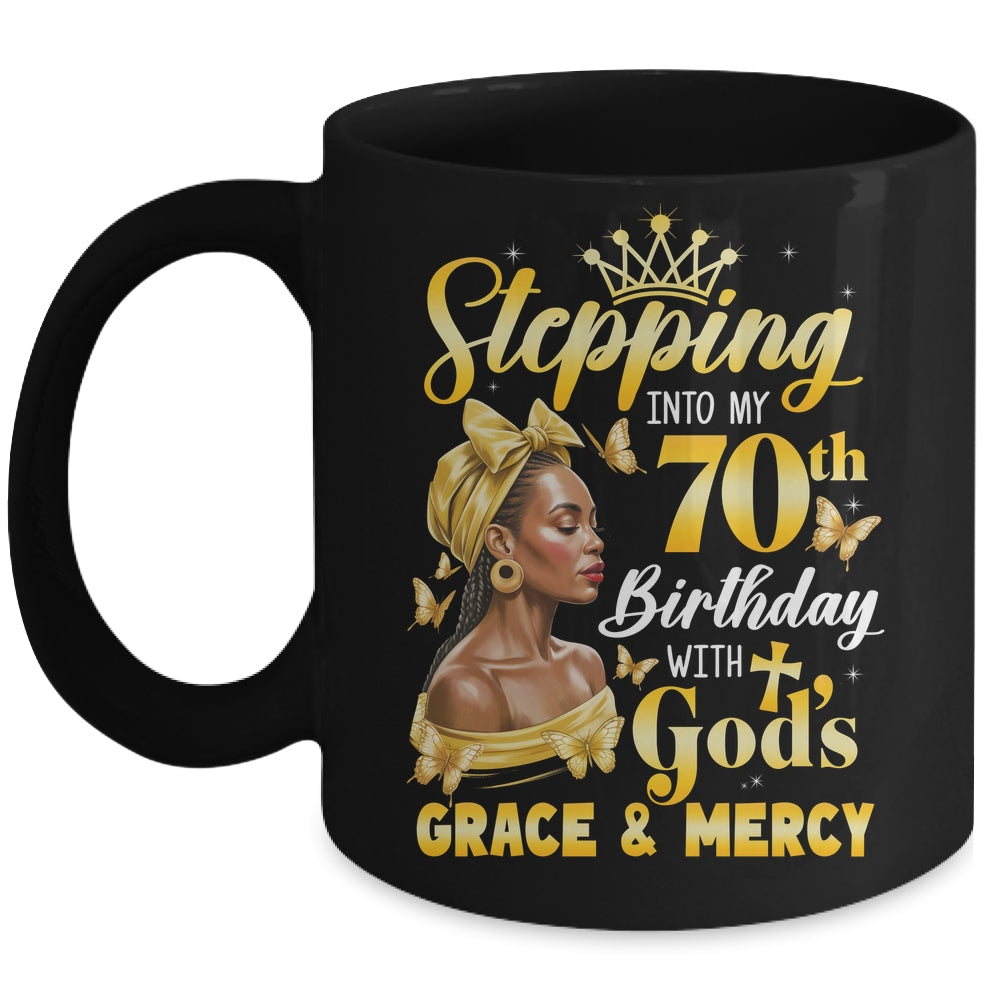 Stepping Into My 70th Birthday Afro Woman Religious Birthday Mug | siriusteestore