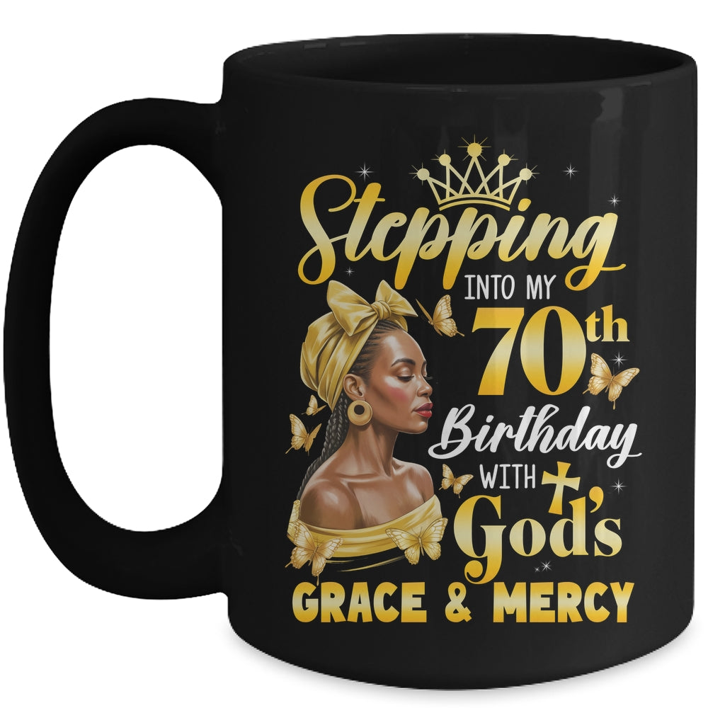 Stepping Into My 70th Birthday Afro Woman Religious Birthday Mug | siriusteestore