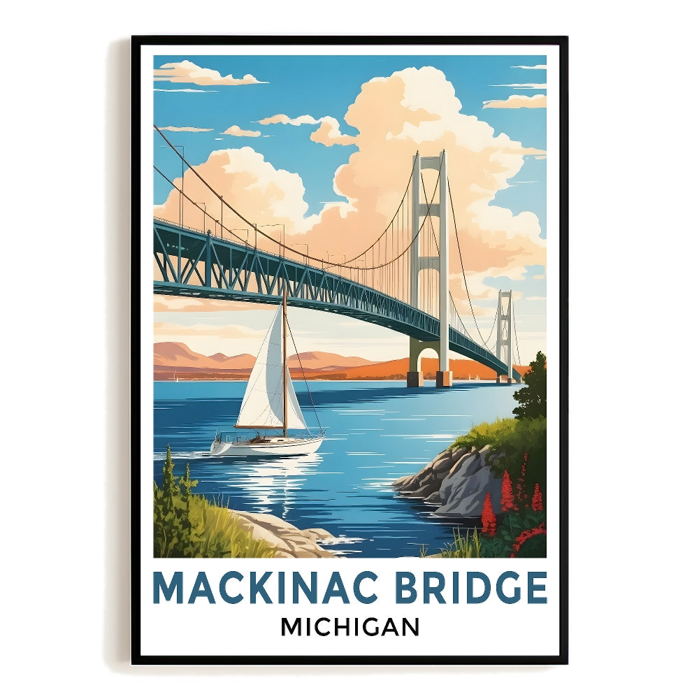 Straits Of Mackinac Bridge Michigan Vintage Travel Poster Wall Art Landscape Prints Paintings Picture For Home Room Living Room Office Bedroom Aesthetic Decor Unframed | siriusteestore