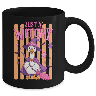 Striped Funny Just A Witchy Goose Spooky Season Halloween Mug | siriusteestore