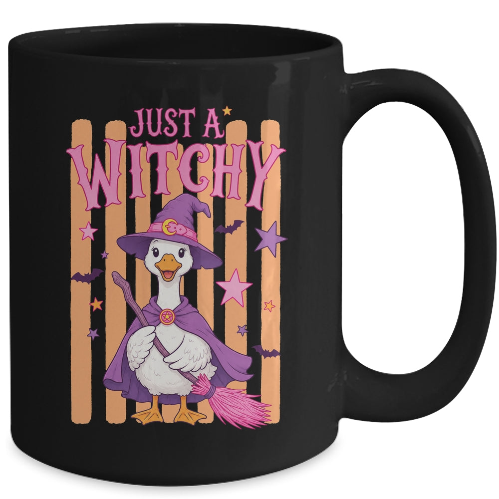 Striped Funny Just A Witchy Goose Spooky Season Halloween Mug | siriusteestore