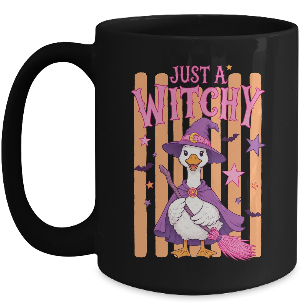Striped Funny Just A Witchy Goose Spooky Season Halloween Mug | siriusteestore