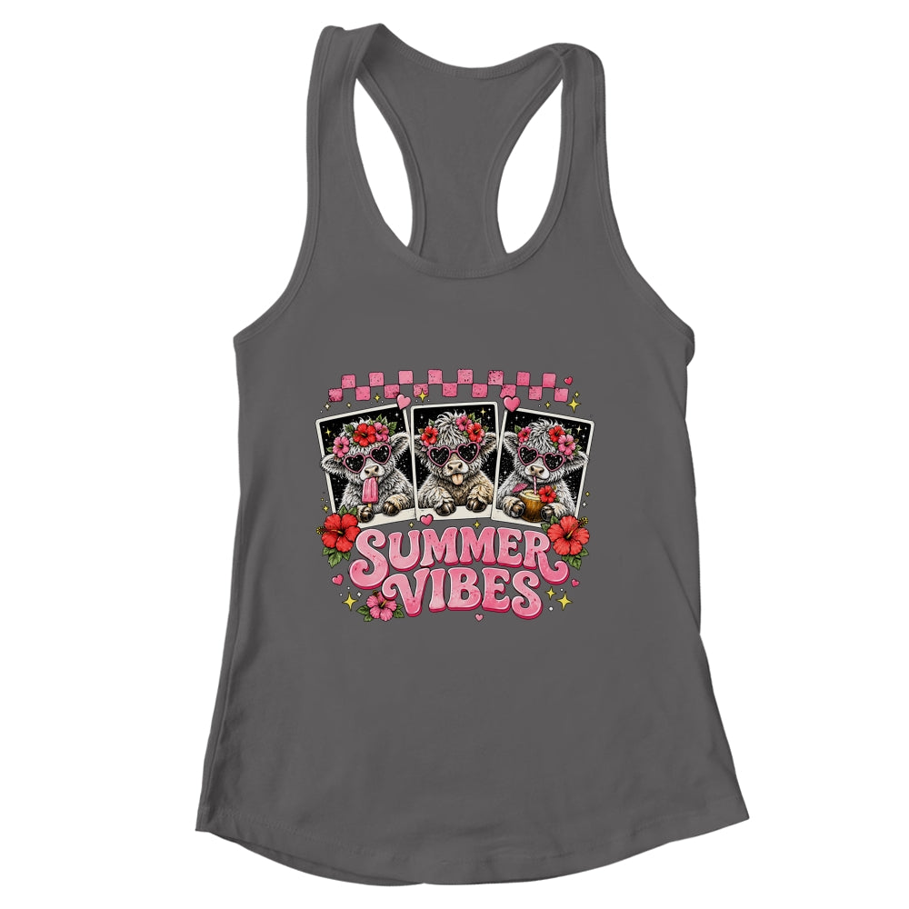 Summer Vibes Highland Cow Funny Beach Vacation Women Girls Shirt & Tank Top | siriusteestore