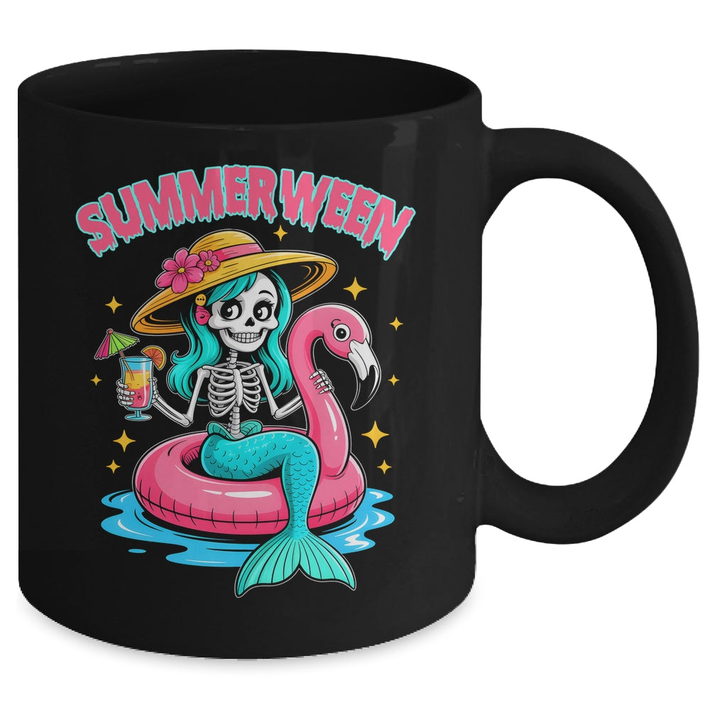 Summerween Mermaid Skeleton Halloween Flamingo Summer Vacay Mug | siriusteestore
