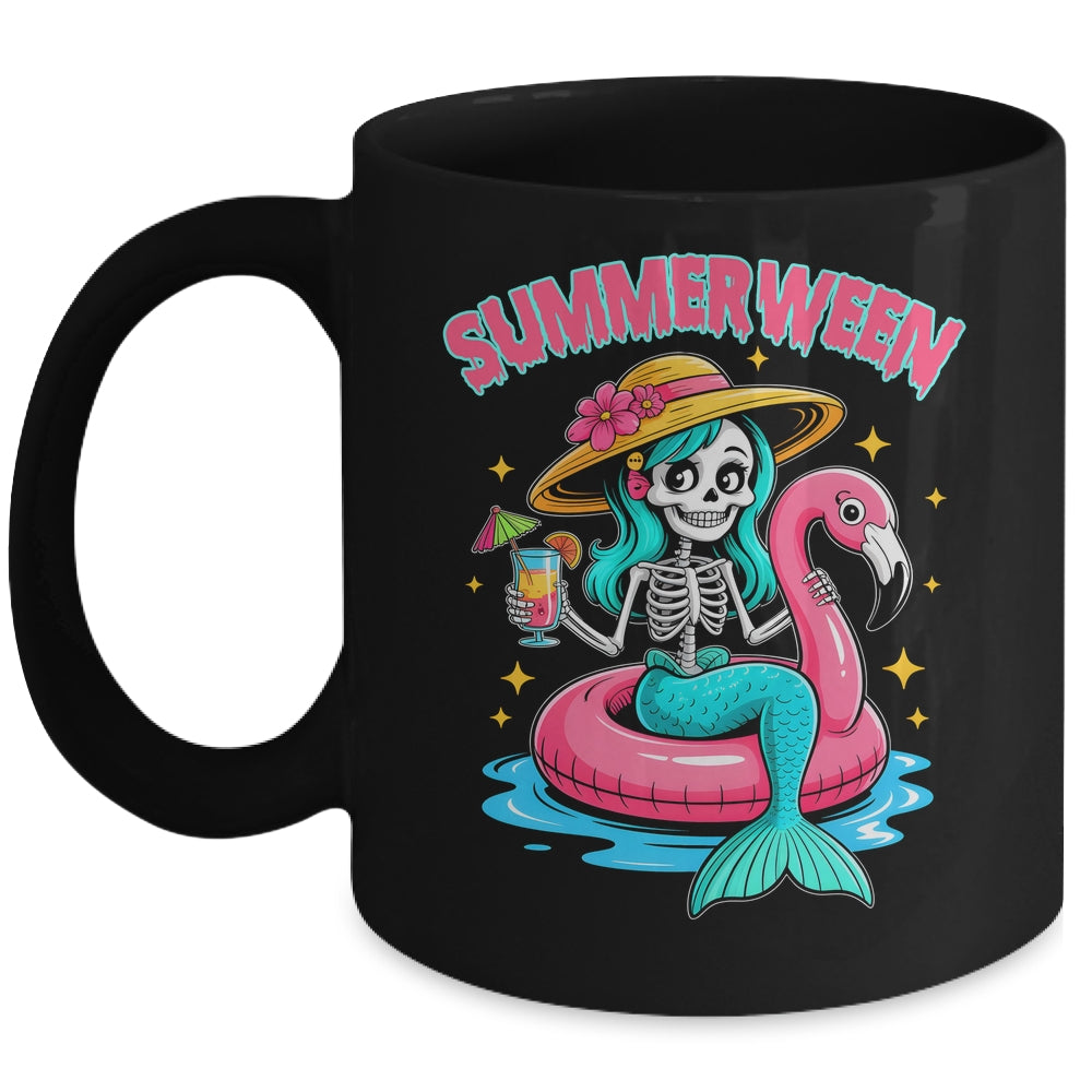 Summerween Mermaid Skeleton Halloween Flamingo Summer Vacay Mug | siriusteestore