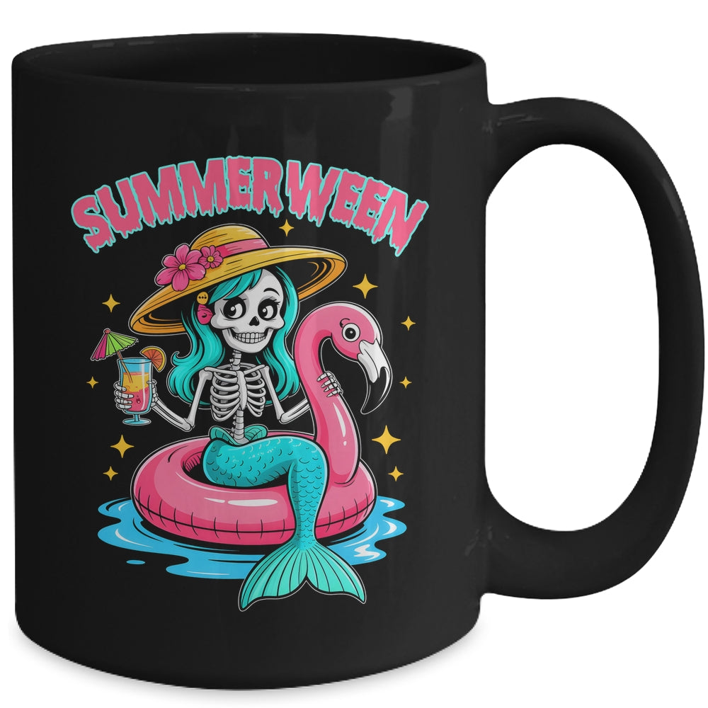 Summerween Mermaid Skeleton Halloween Flamingo Summer Vacay Mug | siriusteestore