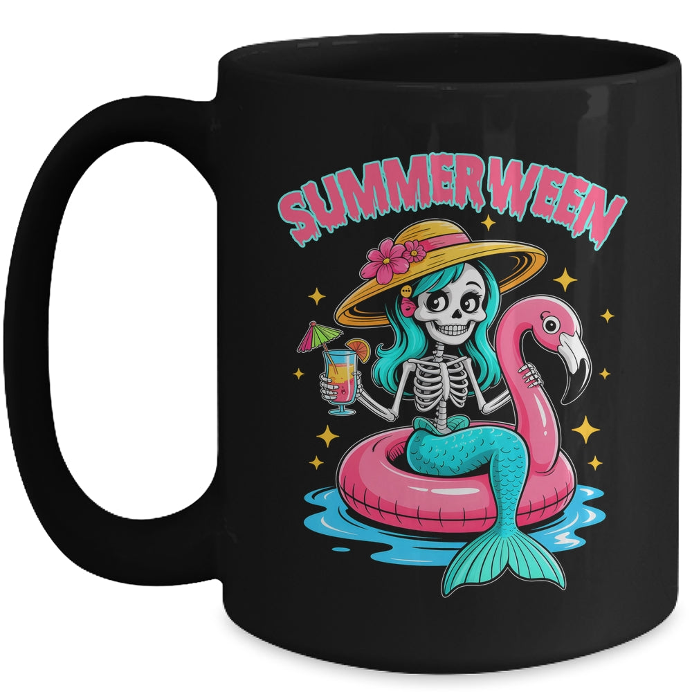 Summerween Mermaid Skeleton Halloween Flamingo Summer Vacay Mug | siriusteestore