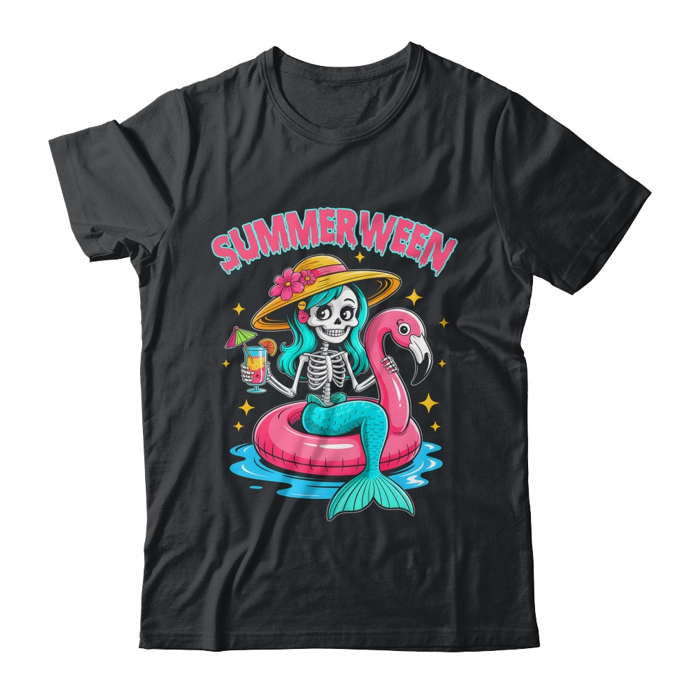 Summerween Mermaid Skeleton Halloween Flamingo Summer Vacay Shirt & Tank Top | siriusteestore