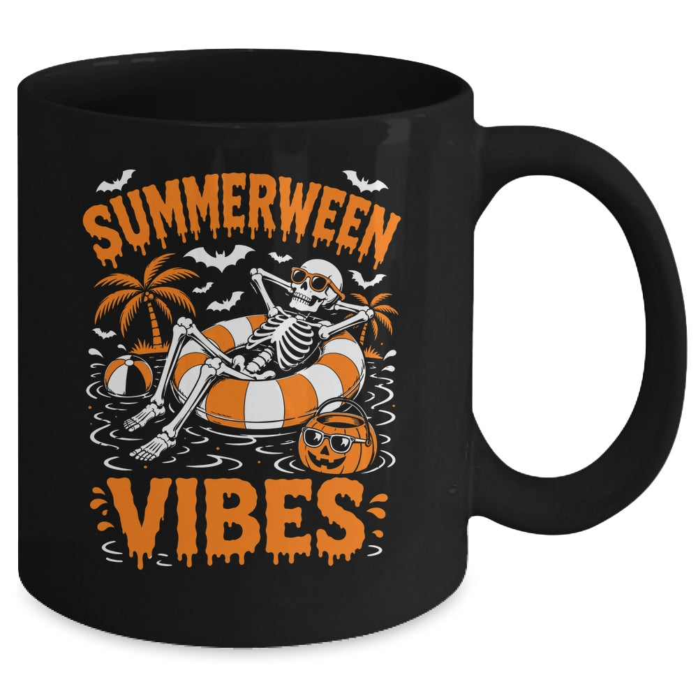 Summerween Vibes Skeleton Floating Pool Pumpkin Halloween Mug | siriusteestore