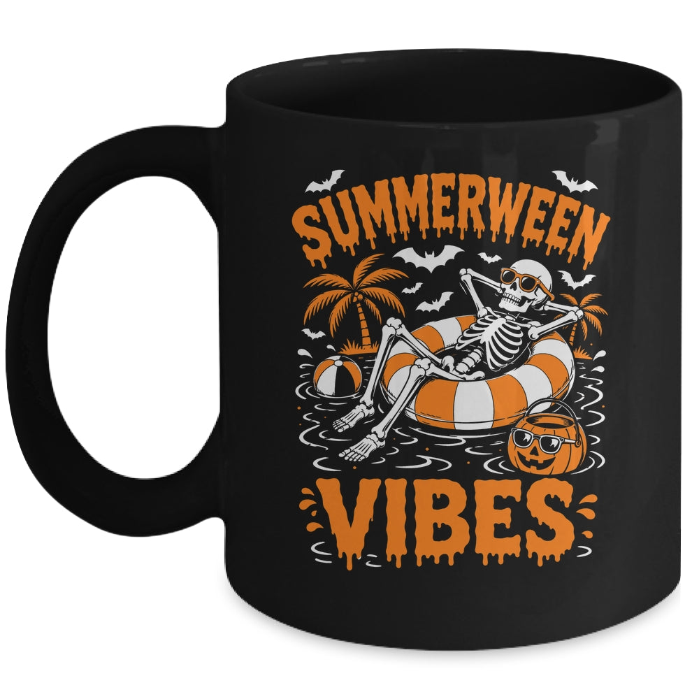Summerween Vibes Skeleton Floating Pool Pumpkin Halloween Mug | siriusteestore