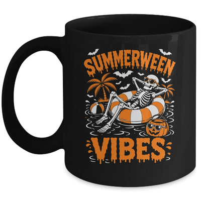 Summerween Vibes Skeleton Floating Pool Pumpkin Halloween Mug | siriusteestore