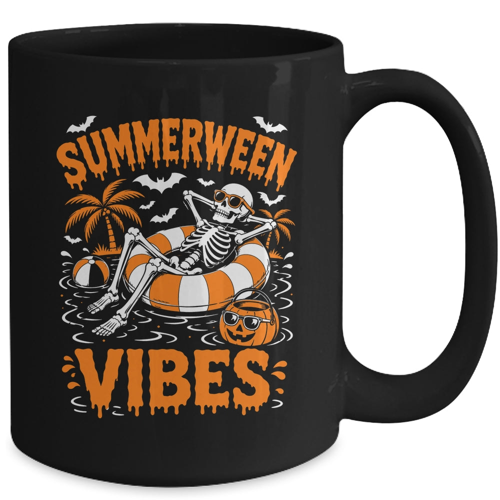 Summerween Vibes Skeleton Floating Pool Pumpkin Halloween Mug | siriusteestore