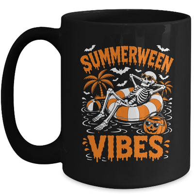 Summerween Vibes Skeleton Floating Pool Pumpkin Halloween Mug | siriusteestore